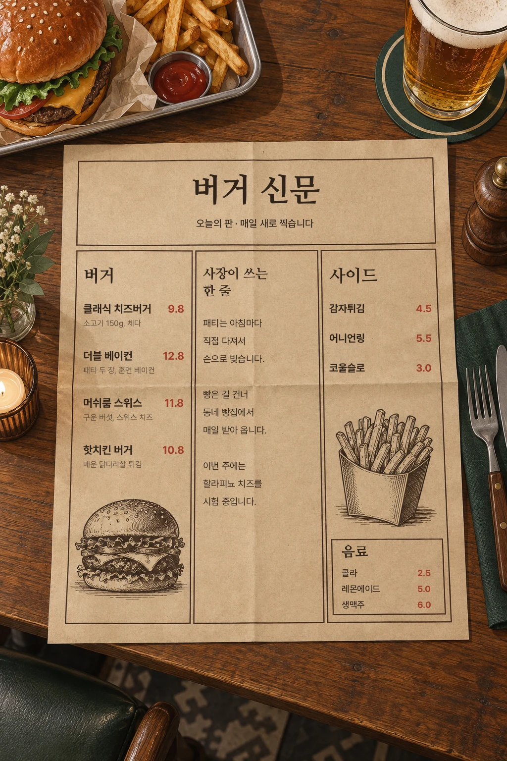 버거집의 신문형 메뉴판
